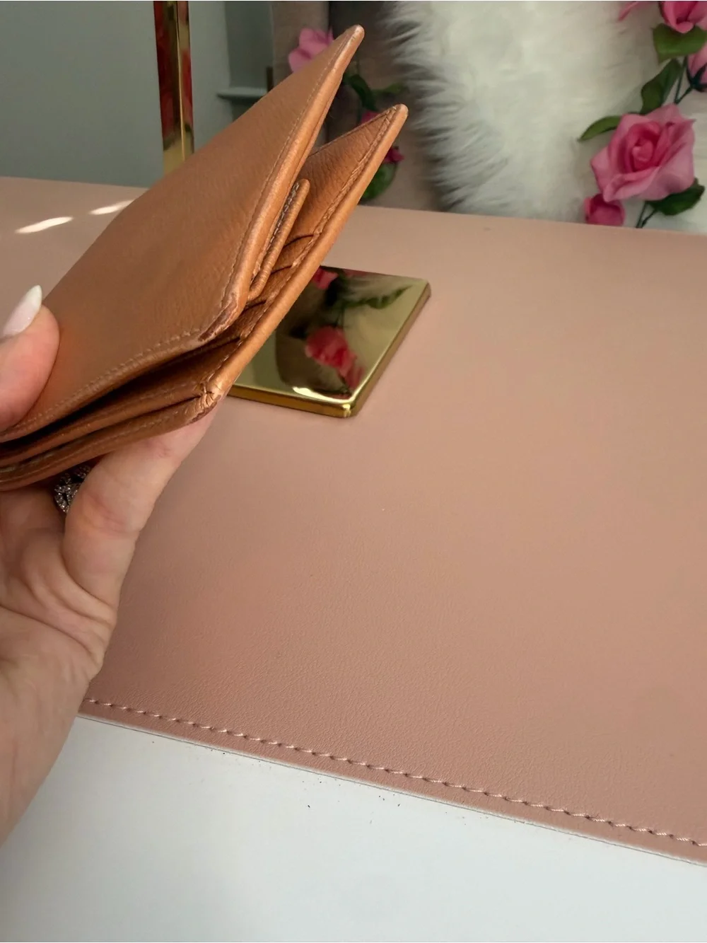 Chanel Vintage Caviar Leather CC Button Bifold Wallet Metallic Pink Salmon Peach